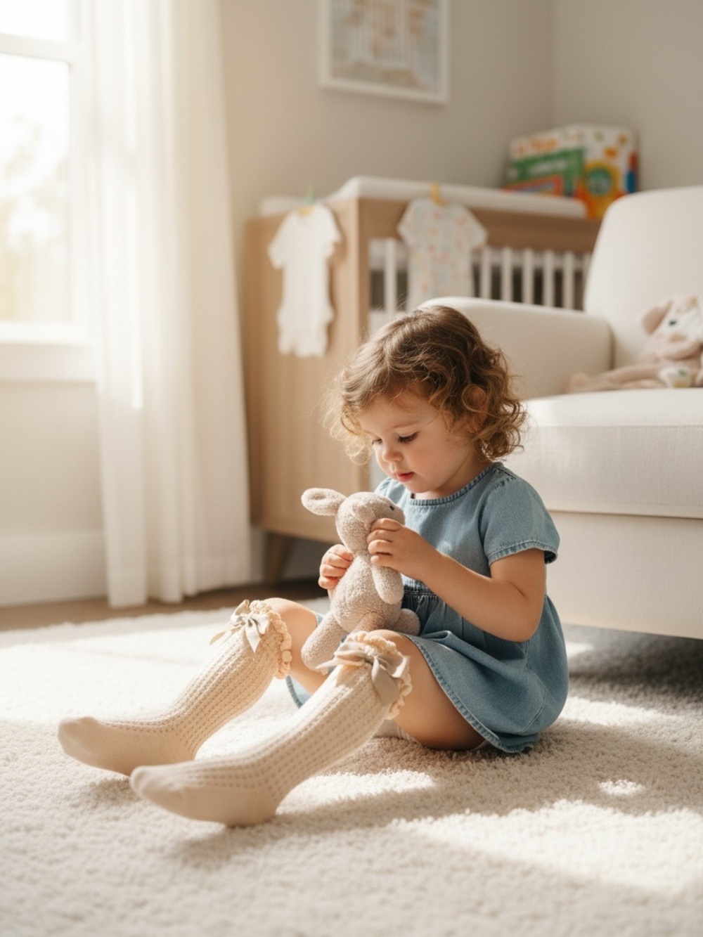 Boho Crochet Knit Toddler Knee High Bow Socks Cream Taupe Size 1-3 Years - Picture 7 of 9